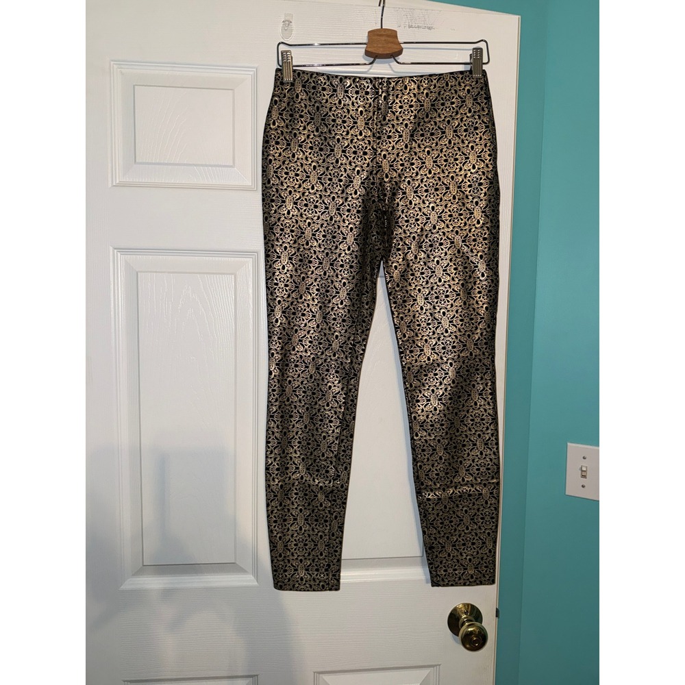 Maison Jules Womens Gold Metallic Damask Slim Ankle Pants Black Size Small